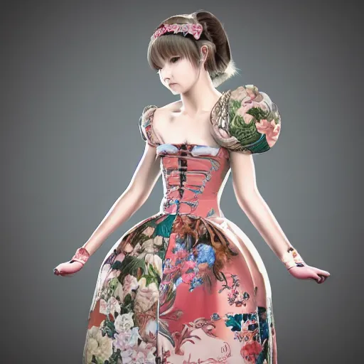 Image similar to highly detailed 3D render portrait young lady dressed in manga, floral renaissance dress