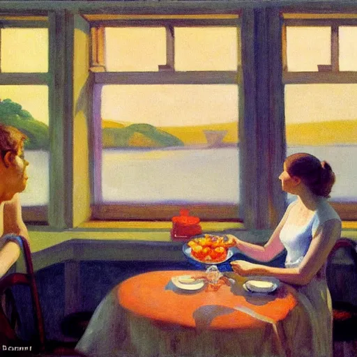 Image similar to oil painting of young lovers in shabby room by the river, with teapot and cups and bowl of oranges on table, and view through window of ship on river, by edward hopper, by frank mccarthy