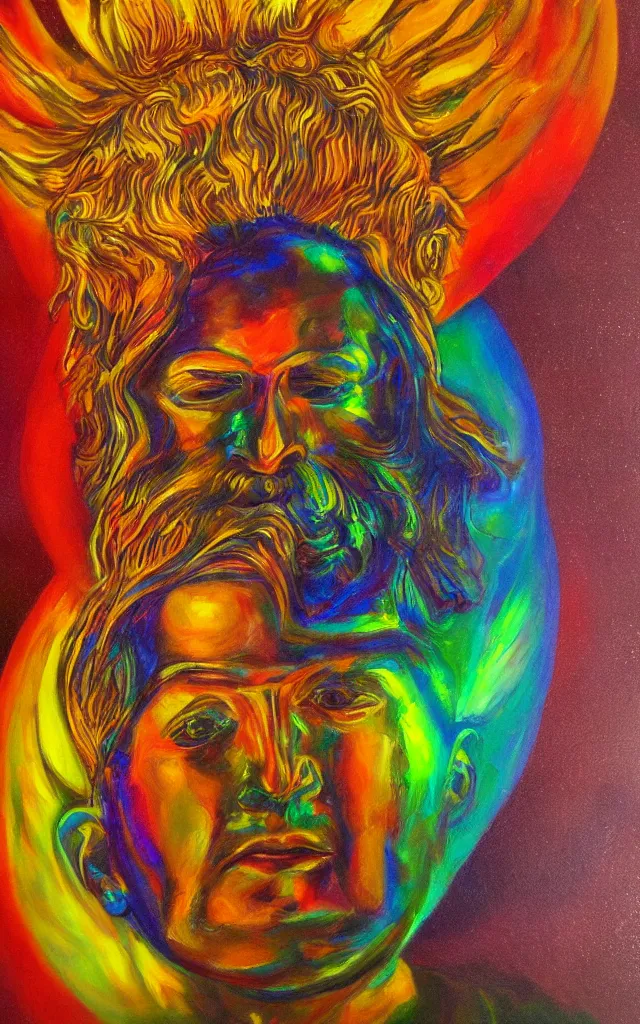 Image similar to the god of the solar mythos solar deity, award winning oil painting, iridescent colors