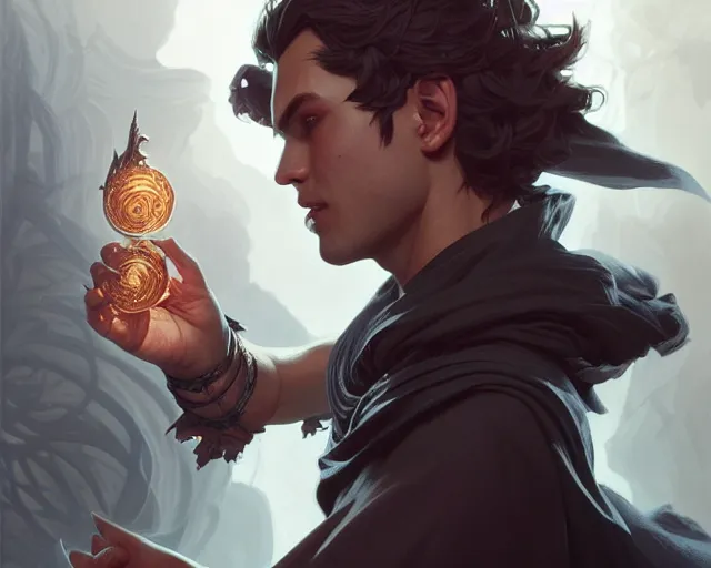 Image similar to young shadow mage male, joyful, d & d, fantasy, intricate, elegant, highly detailed, digital painting, artstation, concept art, matte, sharp, illustration, hearthstone, art by artgerm and greg rutkowski and alphonse mucha