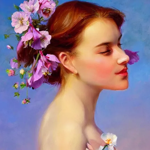 Image similar to a portrait of a romantic woman with flowers grow out of hair, roses peonies forget-me-nots dahlias lupins gladioli, sky theme in background, by Alexandr Averin, Digital Art, Trending on artstation