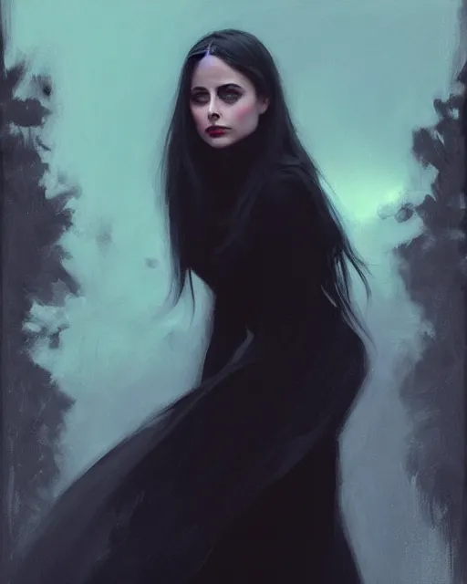 Image similar to style of jeremy lipking, artgerm : : gorgeous willa holland : : evil witch, swirling black magic, black dress : : symmetrical face, symmetrical eyes : : full body pose : : gorgeous black hair : : magic lighting, low spacial lighting : :