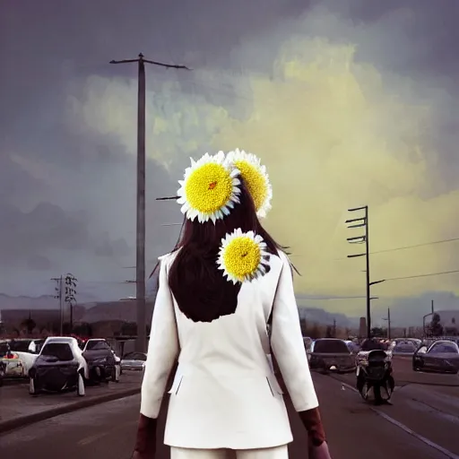 Image similar to giant white daisy flower head, frontal, girl in a suit, standing in street, surreal photography, sunrise, dramatic light, impressionist painting, digital painting, artstation, simon stalenhag