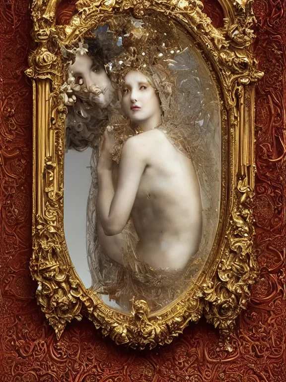 Image similar to a beautiful render of a baroque catholic mirror between the red queen and the white queen, veiled,sculpture with symmetry intricate detailed,by Lawrence Alma-Tadema, peter gric,aaron horkey,Billelis,trending on pinterest,hyperreal,jewelry,gold,intricate,maximalist,glittering,golden ratio,cinematic lighting
