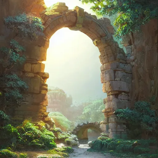 Image similar to concept art painting of an ancient ornate stone archway that is a portal to another world, inside the arch is a magical portal to another dimension, in the woods, realistic, detailed, cel shaded, in the style of makoto shinkai and greg rutkowski and james gurney