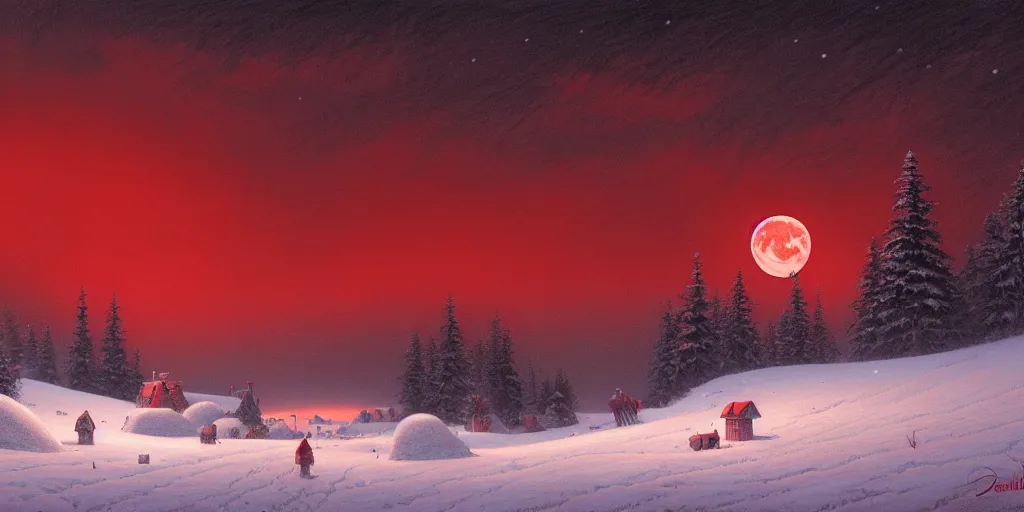 Image similar to painting a snowy landscape under a large blood red harvest supermoon, decorated, intricate, elegant, highly detailed, digital painting, artstation, concept art, smooth, sharp focus, illustration, art by gerald brom, 8 k