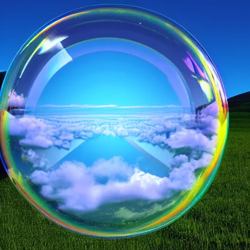 Image similar to A photograph of the Windows XP Bliss wallpaper inside of a giant floating soap bubble, floating in a blue and cloudy sky.