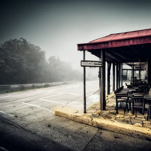 Image similar to highway restaurant with rustic architecture. cyberpunk style. apocalyptic style. photo. photorealistic. nebulous. fog.