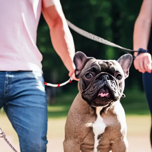 Image similar to a man and a woman walking in park holding hands a french bulldog with a leash