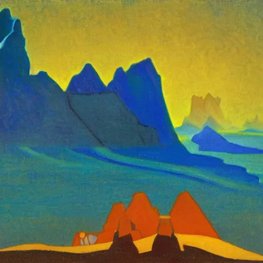 Prompt: Nicholas Roerich oil painting called Dwarf Almighty 1925 bright colors fear and reverence