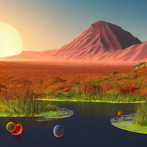 Image similar to photo of life on mars, thriving ecosystem, bright fauna, volumetric light, ponds, mountains, high detail, mountains, geoformations, sunlight