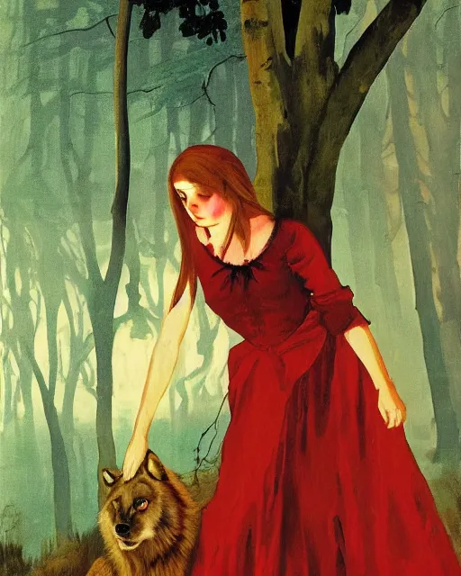 Prompt: a baroque painting of a girl wearing red lost in the dark woods, a terrifying wolf is watching her, 1 9 7 0 s, seventies, wallpaper, delicate embellishments, painterly, offset printing technique, by brom, robert henri, walter popp