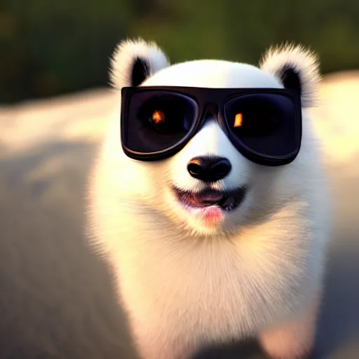 Prompt: a closeup photorealistic photograph of a panda themed Pomeranian puppy wearing sunglasses at the beach during sunset This 4K HD image is Trending on Artstation, featured on Behance, well-rendered, extra crisp, features intricate detail and the style of Unreal Engine.