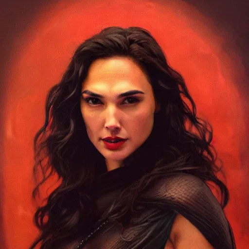 Prompt: Full body photo of the beautiful woman Gal Gadot as a vampire, she is quiet, she has vampire fangs, there is a red glow coming from her, she is getting ulluminated by the red full moon, the photo was taking by Annie Leibovitz, matte painting, oil painting, naturalism, 4k, 8k