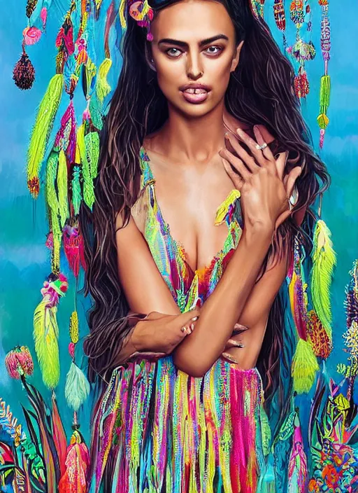 Image similar to beautiful portrait of Irina Shayk wearing fantastic Hand-dyed cotton dress,embellished beaded feather decorative fringe knots ,colorful pigtail,playful makeup,subtropical flowers and plants,symmetrical face,intricate,elegant,highly detailed,8k,digital painting,trending on pinterest,harper's bazaar,concept art, sharp focus, illustration,golden ratio,by artgerm,Tom Bagshaw,Lawrence Alma-Tadema,greg rutkowski