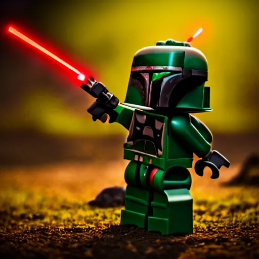 Prompt: Boba Fett made of Legos fighting Darth Vader as a Minecraft Skin in a field, dramatic lighting photo
