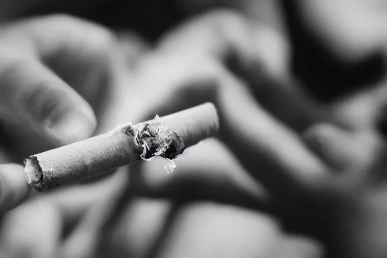 Image similar to A photo of thin soft hand holding cigarette with smoke, hyper realistic, smooth