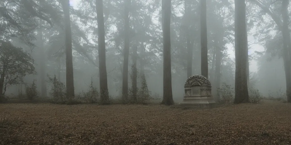 Image similar to a single tomb in the middle of a foggy forest, ornate, foggy