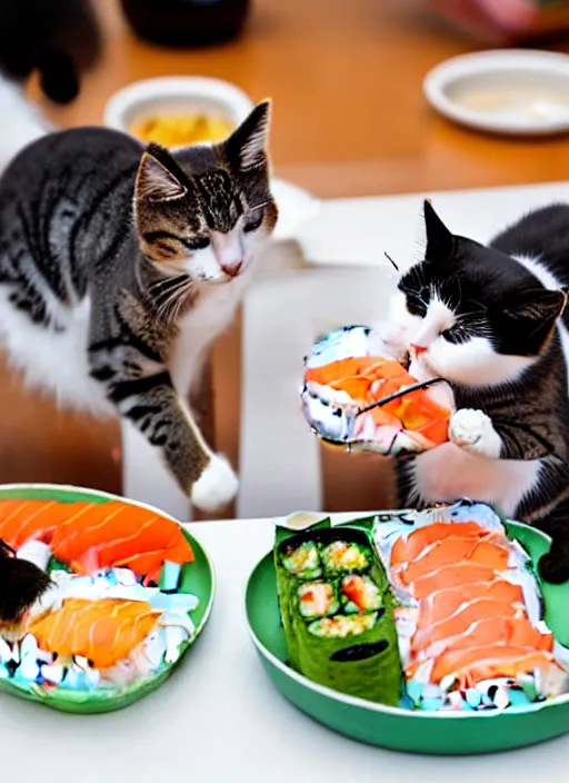 Image similar to clear photograph of cute cats eating sushi from sushi plates