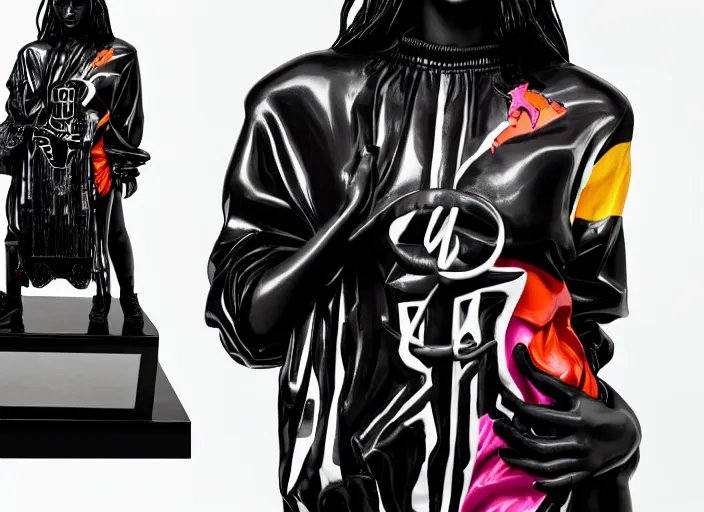 Image similar to black marble statue of a beautiful woman with colorful motocross logos in the style of virgil abloh, very very beautiful, detailed, off white, heron preston, 8 k, 4 k, detailed, beautiful, symmetrical, vogue, editorial, fashion, magazine, model