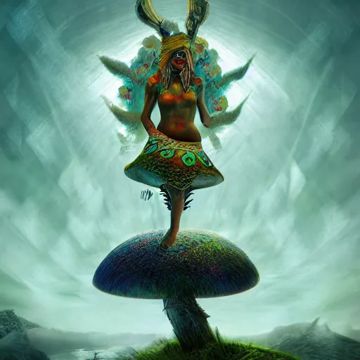 Prompt: amanita shaman playing frame drume to invoke spirits, northern light, visionary painting masterpiece, realistic, highly detailed, octane render