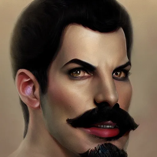 Image similar to portrait of freddie mercury playing waluigi, fantasy, intricate, elegant, highly detailed, digital painting, artstation, concept art, matte, sharp focus, illustration, art by aenaluck and roberto ferri and greg rutkowski, digital painting