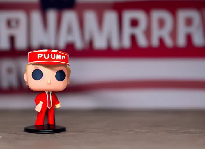 Image similar to !dream product still of Donald Trump funko pop with box, 85mm f1.8