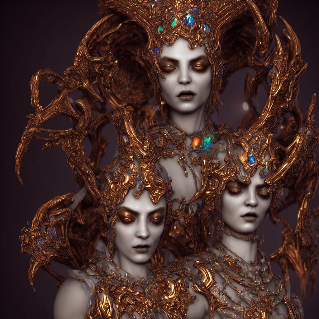 Image similar to a single close up photo - real delicate ceramic porcelain sculpture of an ornate majestic dark necromancer queen by rafael, backlit lighting, translucent, thin porcelain, octane renderer, colorful, physically based rendering,