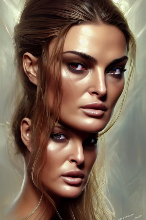 Image similar to symmetry!! high quality portrait of a woman who resembles carmen electra!! mixed with natalie portman in the style of god of war, machine parts embedded into face, intricate, elegant, highly detailed, digital painting, artstation, concept art, smooth, sharp focus, illustration, art by artgerm and greg rutkowski and alphonse mucha, 8 k