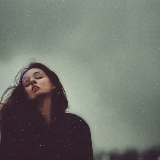 Prompt: analog photograph portrait of a beautiful woman in the rain, it\'s raining, greyscale, big clouds visible, film grain, depth of field, bokeh