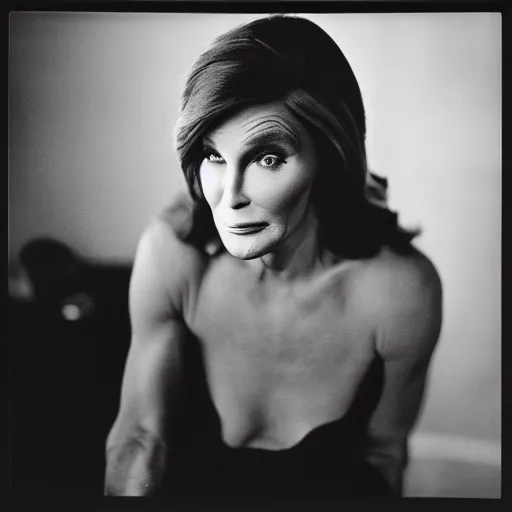 Prompt: photo of Caitlyn Jenner by Diane Arbus, black and white, high contrast, Rolleiflex, 55mm f/4 lens