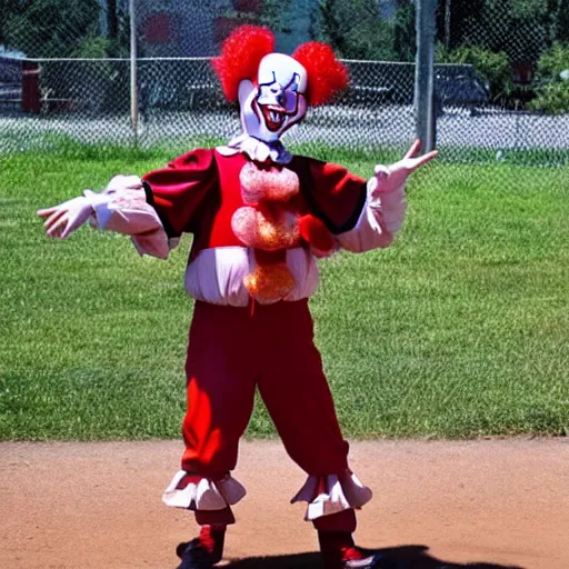 Image similar to Pennywise the clown coaching a girls' little league team.