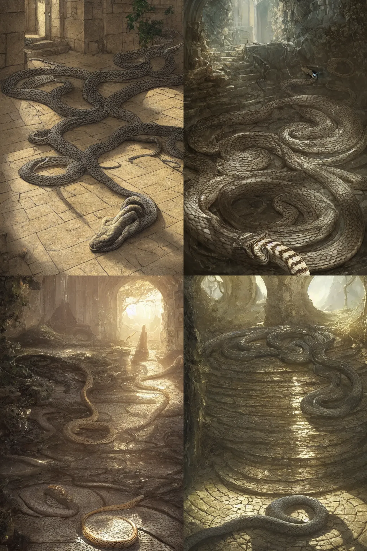 Prompt: beautiful concept art of one coiled snake on top of stone tiles, interior, dappled sunlight, mausoleum, fantasy, by greg rutkowski, trending on artstation.