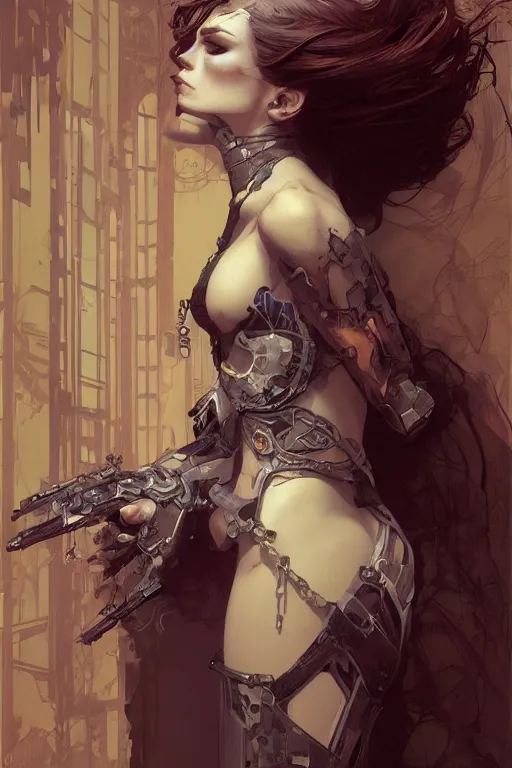 Image similar to Portrait of beautiful pale cyberpunk gothic maiden, master drawing, intricate, elegant, highly detailed, digital painting, artstation, concept art, smooth, sharp focus, illustration, art alphonse mucha and james gurney and craig mullins and wlop