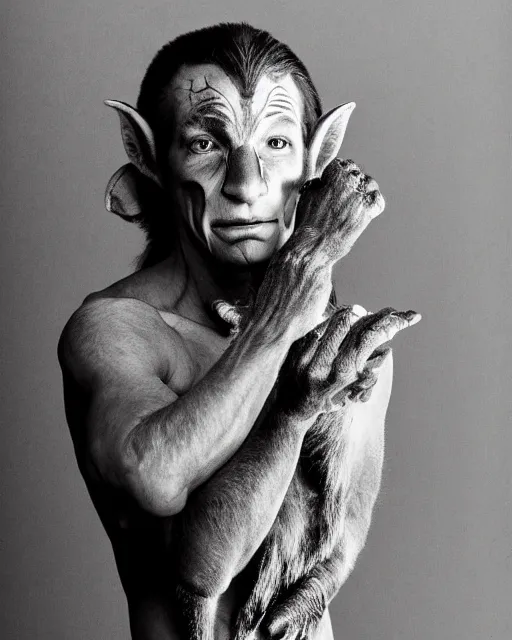 Prompt: actor Roddy McDowell in Elaborate Pan Satyr Goat Man Makeup and prosthetics designed by Rick Baker, Hyperreal, Head Shots Photographed in the Style of Annie Leibovitz, Studio Lighting