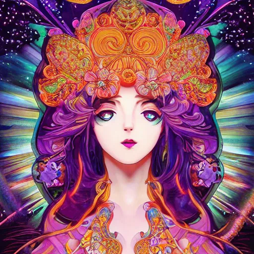 Image similar to psychedelic, intricate, highly detailed, anime, 4k, beautiful seductive woman holding a crystal containing the universe, with professional makeup, long trippy hair, surrounded by gems, underneath the stars, trending on patreon, deviantart, twitter, artstation, volumetric lighting, heavy contrast, by artgerm and Ilya Kuvshinov and alphonse mucha