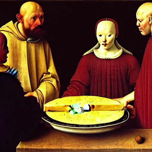 Prompt: beautiful renaissance painting of a gouda cheese by jan van eyck, titian, piero della francesca