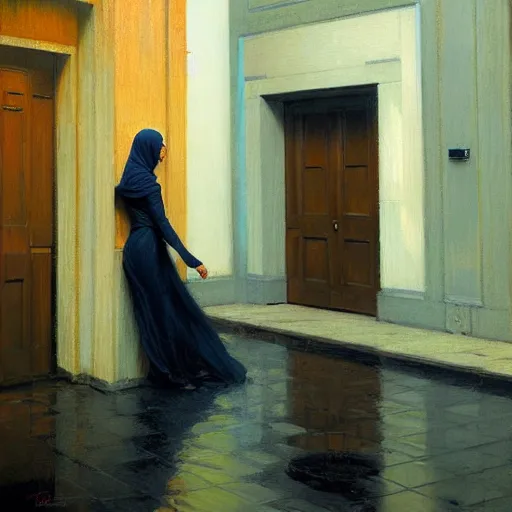 Image similar to action moment, detailed portrait of a woman, courtyard, capital, cyberpunk mosque interior, control panel, watcher, omniscient, tech noir, wet reflections, impressionism, atmospheric, ambient, speed painting, livia prima, edward hopper