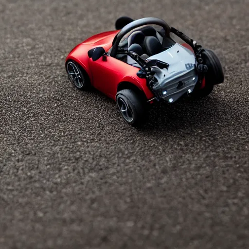 Prompt: photo of a small mouse driving a remote controlled convertible car,realistic,detailed,award winning photograph