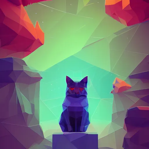 Prompt: low poly cat by beeple, artstation, teal and orange color scheme, flowers, No Man's sky anton fadeev asher brown durand 8k resolution, beautiful at night, zodiac signs in the stars