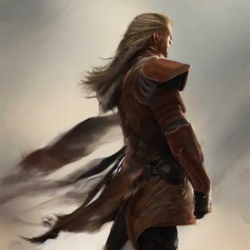 Image similar to rear side portrait of a muscular, ponytail haired blonde man with a steel left arm, wearing a brown leather coat, ponytail hair, DnD, fantasy, digital art by Ruan Jia