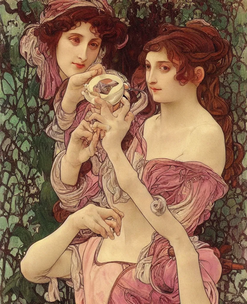 Image similar to a beautiful arrogant surreal greek lady drinking tea looking disdained, rennaisance painting, whimsical, pastel pink color palette, by leonardo da vinci and alphonse mucha