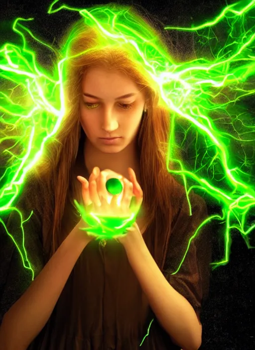 Image similar to A beautiful young witch with glowing green eyes holds a ball lightning in her hands, realistic digital art, dramatic lighting