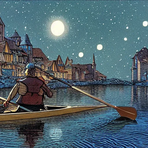 Prompt: a small medieval town floating among stars. A man in a rowboat is paddling toward the town. High detail cinematic digital painting. Mœbius.