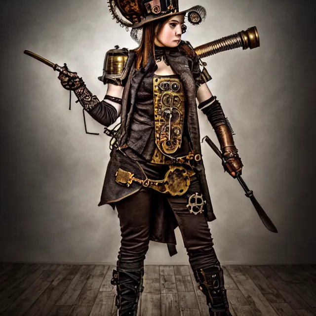 Image similar to full length photo of a steampunk warrior, 8 k, hdr, smooth, sharp focus, high resolution, award - winning photo