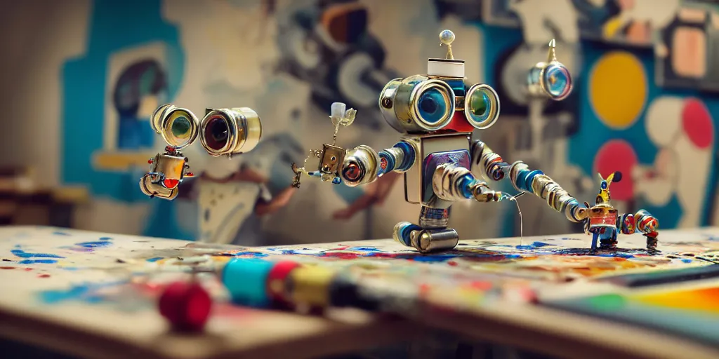 Image similar to closeup portrait of tin toy retro robots painters mixing gouache on white paper table in an artist workshop, depth of field, zeiss lens, detailed, centered, fashion photoshoot, by nicoletta ceccoli, mark ryden, lostfish, breathtaking, 8 k resolution, extremely detailed, beautiful, establishing shot, artistic, hyperrealistic, octane render