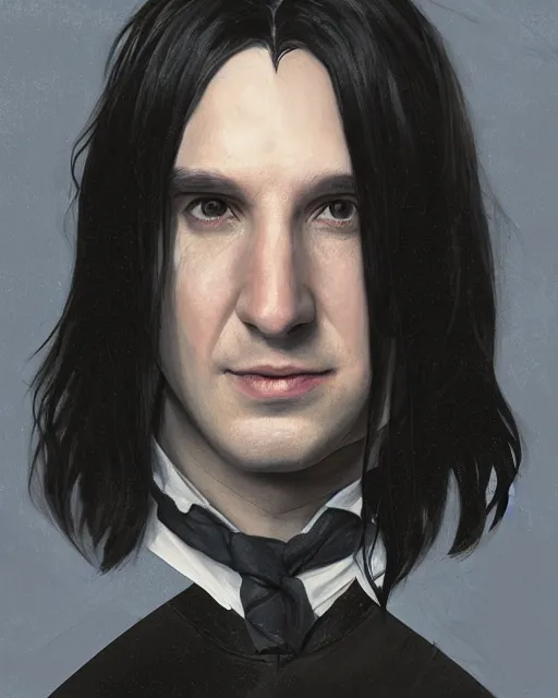 Image similar to portrait of a 3 2 - year - old man wearing black clothes, snape severus, with black, greasy, mid - length hair, hooked nose, dark brown eyes, yellow uneven teeth, highly detailed, digital painting, artstation, concept art, smooth, sharp focus, illustration, art by artgerm and greg rutkowski and alphonse mucha