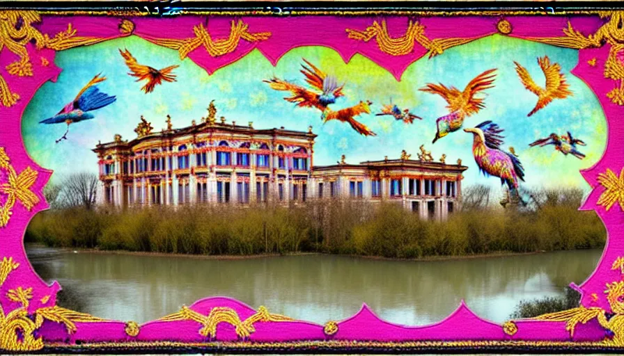 Prompt: HDR high resolution 8x. a stand-alone building along a river, seen from the long distance. maximalist mixed media paper and baroque embroidery fabric collage. huge flamish baroque birds flying. childrenbook illustration in pastel tones. matte background. no frame