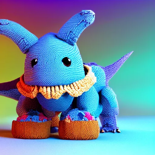 Prompt: super cute sad dinosaur made out of sweaters and yarn octane rendering vivid cinematic lighting 4k