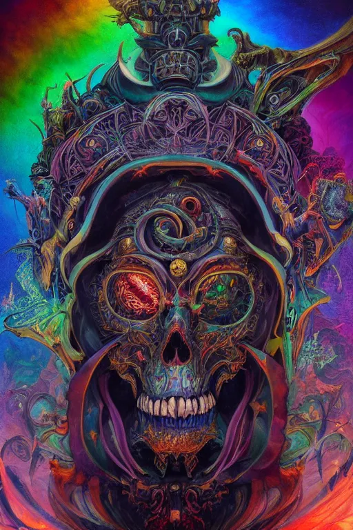 Image similar to gigantic psychedelic demonic cosmic skull lord of death and hell fire, fantasy painting, ultra realistic, wide angle, art nouveau, intricate details, rainbowshift, vivid colors, highly detailed by peter mohrbacher, h. r. giger, maxfield parrish, gustave dore, craig mullins, octane render, cgi